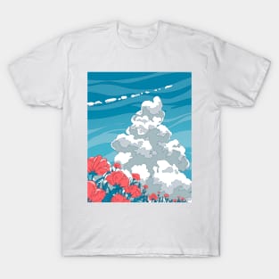 The blue sky, summer clouds and the red flowers T-Shirt